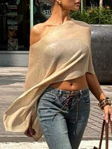 Women Sheer Knit Poncho Lightweight Shrug Pullover Shawl Top Off Shoulder Knitted Cover Up Tops - 卡其色 - 查看 8
