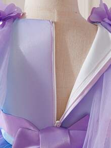 Princess Dress For Girls, New European And American Style, Lace Cap Sleeve Dress, Handmade 3D Floral, Sweet Lilac Color, Tulle Skirt, Baby's 1st Birthday, Party, Performance, Special Occasion, Children's Day Costume, Rainbow Gradient Bowknot Dress - Lilac Purple - View 10