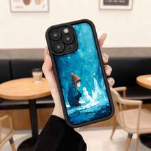 Cubierta de telefono con borde negro azul con estampado de niño y muñeco de nieve en paisaje invernal para uso diario en cafeterias y exteriores Aplicable a los teléfonos de la serie Apple y Galaxy - Negro - Ver 1
