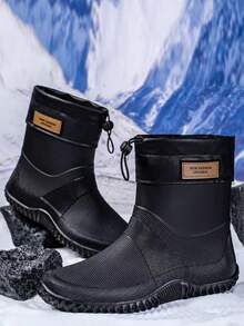 Fesd Ts Fashion Men's Drawstring Rain Boots Short Tube Couples Warm Lined Adult Rain Boots Non-Slip Durable Rubber Shoes For Kitchen Work Outdoor Car Washing Camping Fishing Waterproof Shoes Letter Beach Sports Outdoor TPR (Thermoplastic Rubber Material) Rain Boots Work Shoes Holiday Outdoor Autumn/Winter - Black - View 7