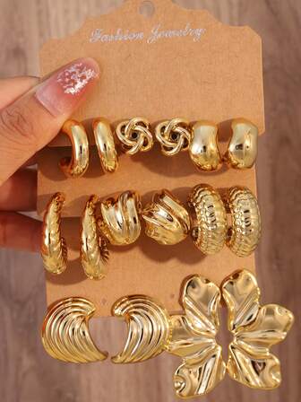 4-16 piezas Pendientes de aro dorados con textura 3D | Truco para afinar el rostro, versátil para looks semanales, ¡stock limitado!