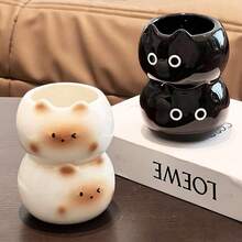 1 pieza Organizador de cerámica apilable con diseño de gato lindo - Multifuncional para brochas de maquillaje, bolígrafos o plantas pequeñas, diseños adorables en negro y beige para escritorio y tocador