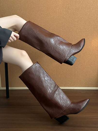New Fashion Versatile Pointed Toe Riding Boots, High Shaft Chunky Heel Straight Leg Boots, High Heel Boots, Fashionable Boots, Over-The-Knee Boots, Slimming Tall Boots, Above-The-Knee High Shaft Boots Suitable For Music Festivals, Halloween