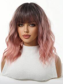 14 Inch Ombre Pink Bobo Wig, Women's Curly Wavy Wig With Bangs, Short Heat Resistant Synthetic Wig, Suitable For Party Costumes And Daily Wear, Vibrant Colors - Pink Ombre - View 4