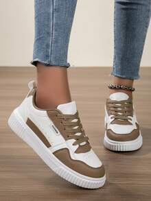 女士时尚休闲运动鞋低帮系带透气拼色运动鞋，轻便舒适滑板鞋