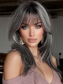 18-Inch Elegant Grey Long Curly Wig With Highlights And Bangs - Dark Roots To Light Tips Synthetic Hair Wigs For Women Daily Party Holiday Travel - 灰色 - 查看 11