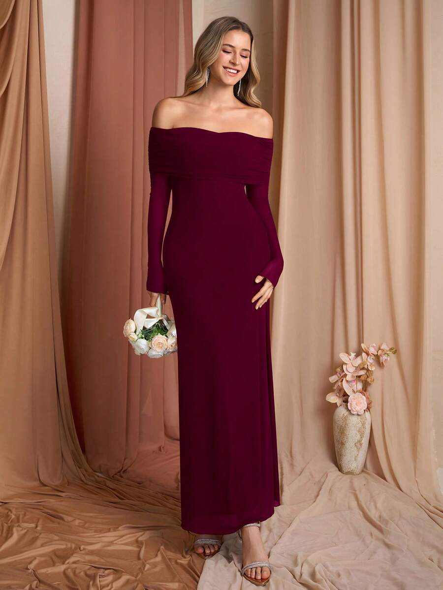 PARTHEA Elegant Party Solid Color Off-Shoulder Mesh Maxi Dress