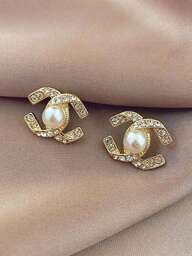 2pcs Fashionable Luxury Encrusted Criss-Cross Pearl Stud Earrings, Versatile C-Shaped Earrings Suitable For Women's Daily Wear, Outings And Events