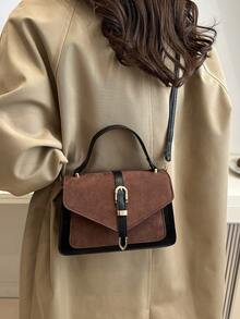 Solid Color Deer Skin Suede Simple Flap Square Bag, Suitable For Students, Campus, Street, Minimalist Fashion Handbag - Brown - View 5