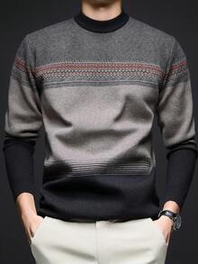 橄榄绿男士休闲条纹圆领厚针织衫，冬季 - 駝色 - 查看 4