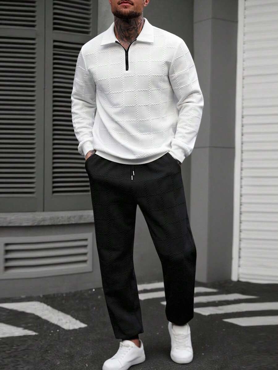 新款成熟休闲经典小麦格纹时尚百搭Polo领卫衣裤套装 - 彩色 - 查看 1