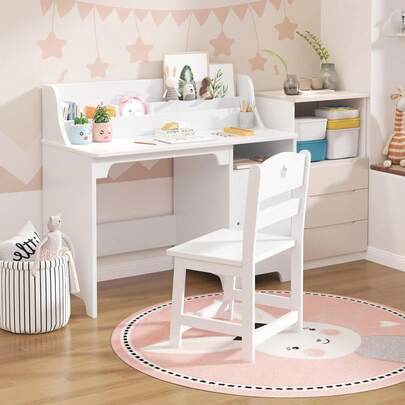 Kids Study Desk With Chair,Wooden Children Study Table With Hutch And Storage Cabinet For Boys Girls, Student Writing Desk Computer Workstation For Kids Bedroom