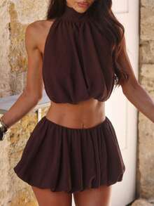 Women's Halter Neck Backless Two-Piece Set - Ruched Crop Top  Puff Skirt, Vacation Party Outfit - Dark Brown - View 2