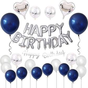 26pcs Silver Black Rose Gold Happy Birthday Letter Banner With 18 Inch Latex Balloon Navy Blue Silver Latex Balloon For Men Women Birthday Party Decorations