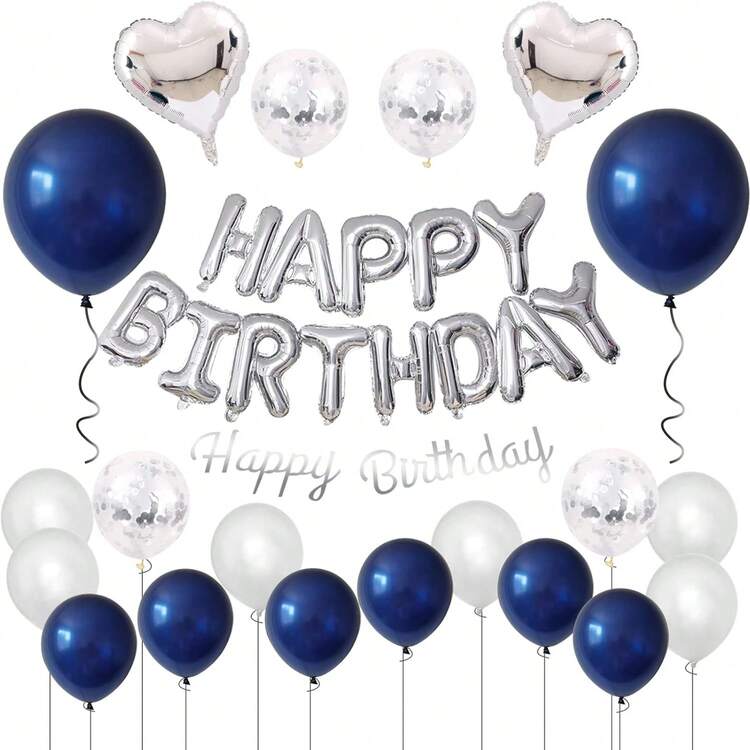 26个银色、黑色、玫瑰金“生日快乐”字母横幅，配18英寸乳胶气球和海军蓝银色乳胶气球，适用于男女生日派对装饰 - 彩色 - 查看 1