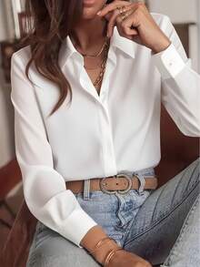 1pc Solid Color Polyester Button-Up Shirt For Women, Suitable For Office And Everyday Wear, Spring/Summer/Autumn White - White - View 1