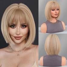 12 Inch Linen Blonde Bob Wigs For Women - Modest Fashion Short Straight Wig With Bangs Mixed Beige Highlight Hair, Premium Silky Synthetic Heat Resistant Wig For Daily Wear, Music Festivals Celebrations & Streetwear Special Use, Party Wigs Accessory - Vàng lanh - Xem 11
