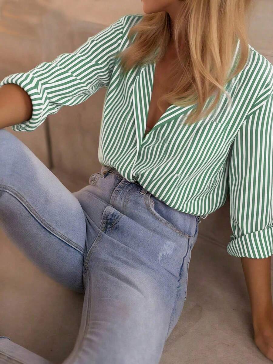 Casual Commute Minimalist Striped Long Sleeve Shirt, Suitable For Valentine's Day, New Year Party, Wedding, Birthday Party Outfit, Winter Women's Wear - Green - View 1