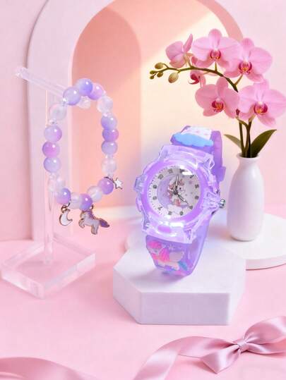 2件套女孩礼物 - 3D柔软硅胶表带卡通独角兽时尚创意夜光儿童石英表，玻璃珠手链首饰套装