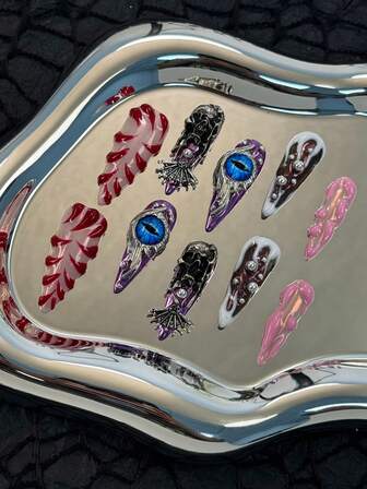 10 Pieces Of Punk Style Press-On Nails, Long Stiletto Shaped Nails, Evil Eye, Hand-Painted 3D Metallic Relief Craftsmanship,Purple,Red&Pink Nail Perfectly Combining Skull Elements Hot Girl Trash Rock Cyberpunk Fake Nail Set. Suitable For Women And Girls To Wear In Daily Life And Festival Parties, Press-On Nail Decorations To Boost Your Fashion Sense.