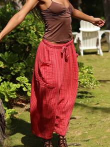 Womens Summer Palazzo Harem Pants Drawstring Lantern Beach Pant Ankle Vacation Pant With Pocket Vintage Clothes Y2K Streetwear - 紅色 - 查看 4