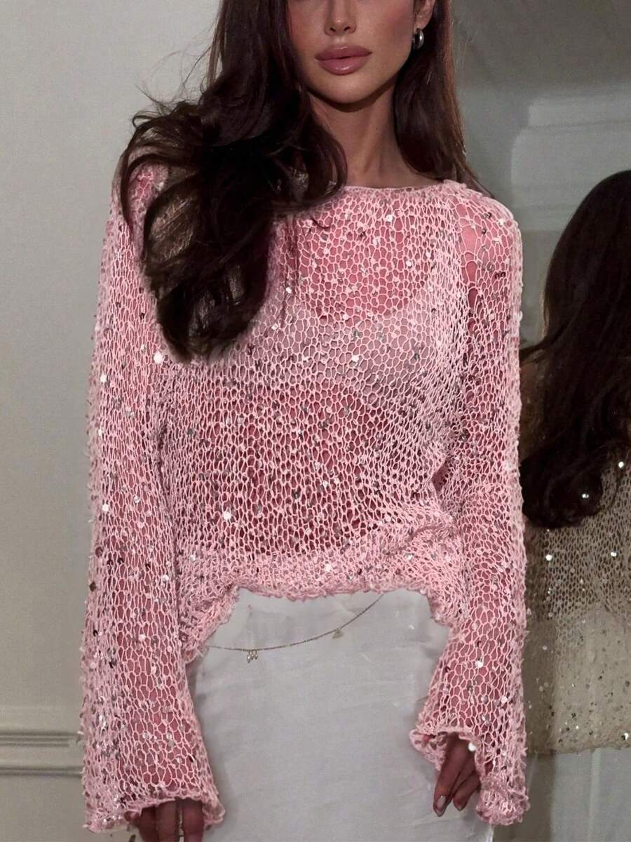 Women Sequin Crochet Sheer Mesh See Through Pullover Tops Shiny Long Sleeve Hollow Out Fishnet Knit Sparkly Top - Pink - View 1