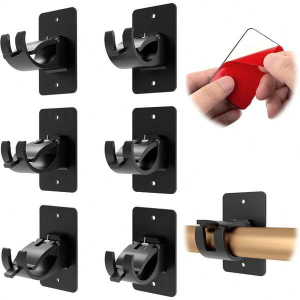 CIEMGNZOC 6Pack Curtain Bracket Holders Universal SelfAdhesive Wall Mounts Fits 0.6'' To 1.5'' Rods Black