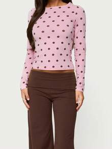Women Long Sleeve Polka Dot T Shirt Slim Fit Crew Neck Tee Shirts Casual Basic Going Out Crop Tops Polka Dot Tops For Women Long Sleeve Crew Neck Slim Fit Shirt Tops Casual Going Out Tee Top Streetwear - 粉色 - 查看 2