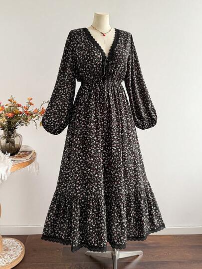 Rusttydustty Vestido casual de vacaciones con cuello en V con lazo, dobladillo con volantes, estilo bohemio con estampado floral pequeño, elegante y vintage, para otoño/invierno