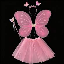 4pcs/Set Multicolor Butterfly Wing Decor Tulle Skirt, Headband, Magic Wand Set, Fairy Woodland Costume Wings Accessories, Suitable For Birthday Party, Festival, Stage Performance, Princess Magic Props