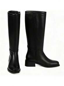Women's Knee High Boots Round Toe Flat Wide Calf Long Boots Riding Boots Knight Boots Side Zipper Suitable For Outdoor Commuting Office - 黑色 - 查看 2