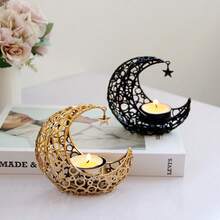 1 pièce Porte-bougie croissant de lune minimaliste en métal avec pendentif étoile, design ajouré, décoration de maison ou de bureau, excellent cadeau pour le Ramadan
