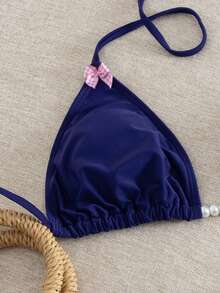 Women's Sexy Blue High Stretch Fabric Bikini Set With Pink Bow And White Beaded Bohemian Cute Comfortable Casual Party Beach Holiday Swimwear, 2 Pieces Set Vacation - Blue - View 4