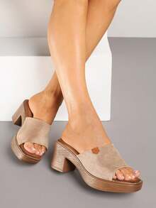 Soft Suede Platform Slides For Women - Summer Casual - Khaki - View 4