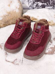 2025 Women's Winter Mid-Calf Snow Boots, Mid-Calf Thick Warm Lace-Up Boots, Leopard Print Design American Style Outdoor Sports Boots, Anti-Slip Wear-Resistant Cold-Proof Snow Boots - Jujube Red - View 8