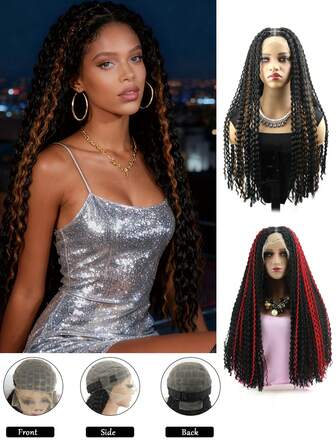 200% Density Bohemian Style Braided Synthetic Lace Front Wig, Mixed Brown Tones, Versatile Styling For All Occasions, Fashion Hair Accessory
