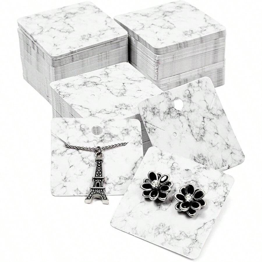 Marble Jewelry Display Cards - Pre - Punched Holes Earring Cards - Customizable Space On Marble Jewelry Backings - Thick Paper Square Earring Backing - 2x 2 In - Pack Of 300 - 白色/黑色 - 查看 1