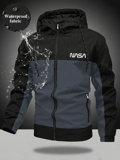 Jachetă bărbătească casual sport, cu imprimeu de litere în blocuri de culori, cu fermoar și șnur, pentru primăvară și toamnă, pentru toamnă