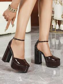 女士法式咖啡棕色甜美仙女风绑带防水厚底粗跟玛丽珍走秀鞋 - 咖啡棕 - 查看 19