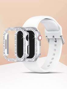 Compatible With Apple Watch Band And Compatible With Apple Watch Case Cover, Soft & Comfortable Ultra-Thin White Silicone Compatible With Apple Watch Band, Suitable For Outdoor Sports, Fitness, Yoga, Waterproof & Sweat-Proof Compatible With Apple Watch Ultra 3/2/1 SE /S10/S11/S9/S8/S7/S6/S5/S4/S3/S2/S1, Comes With Shiny Double-Row Rhinestone Electroplated Silver Protective Case Cover