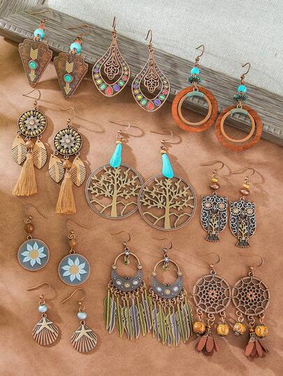 TopHanqi 10/6/4/3/1 Pair Vintage Bohemian Earring Set For Women, Coffee Color Series Earrings With Tassel Geometric Pendant, Suitable For Vacation, Daily Wear, Commute, Party