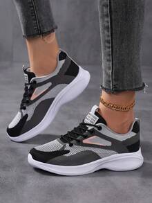 Pantofi sport pentru femei, mărimi mari, respirabili, cu plasă, pentru femei, pantofi sport, ușori și confortabili, la modă, cu vârful rotund și șireturi, pantofi de mers pentru femei, pantofi de alergare pentru șosea pentru femei, pantofi de călătorie cu blocuri de culoare pentru femei