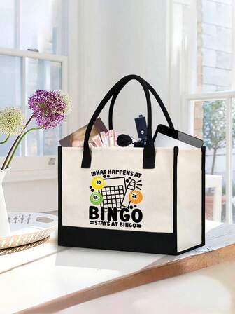 Women's Bingo-Themed Large Canvas Tote Bag With Shoulder Straps, No-Closure Commuter Handbag With Bingo Ball Print Design
