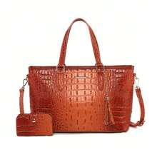 Classic Elegant Women's Bag Set,Fashionable Large Capacityr Bag Single Shoulder Bag,Crocodile Pattern Tote Bag,Light Luxury High-End Real Texture Crocodile Pattern Handbag - 橘色 - 查看 6