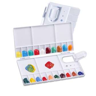 1个装水彩调色盘，带20格颜料和5个调色区，可折叠，带拇指孔和画笔架，塑料材质，适合初学者艺术家使用。