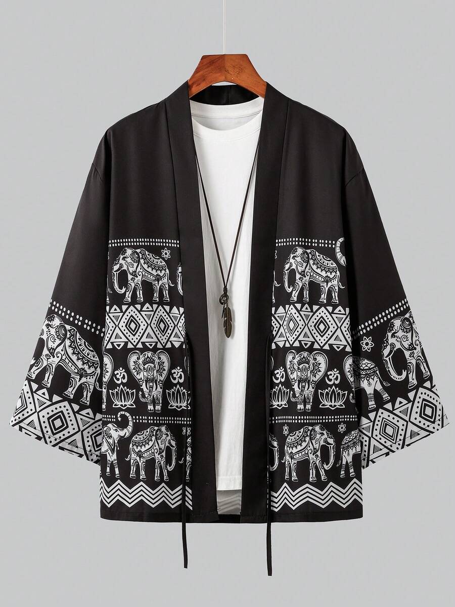 Męski kardigan w stylu retro z nadrukiem w stylu kimono, z długim rękawem, wiązaniem z przodu, swobodna koszula wykonana w 100% z poliestru, bez kołnierzyka, odpowiednia na każdą porę roku – idealny prezent, wygodna odzież wierzchnia | Koszula w stylu vintage | Można prać w pralce - Czarne - Zobacz 1