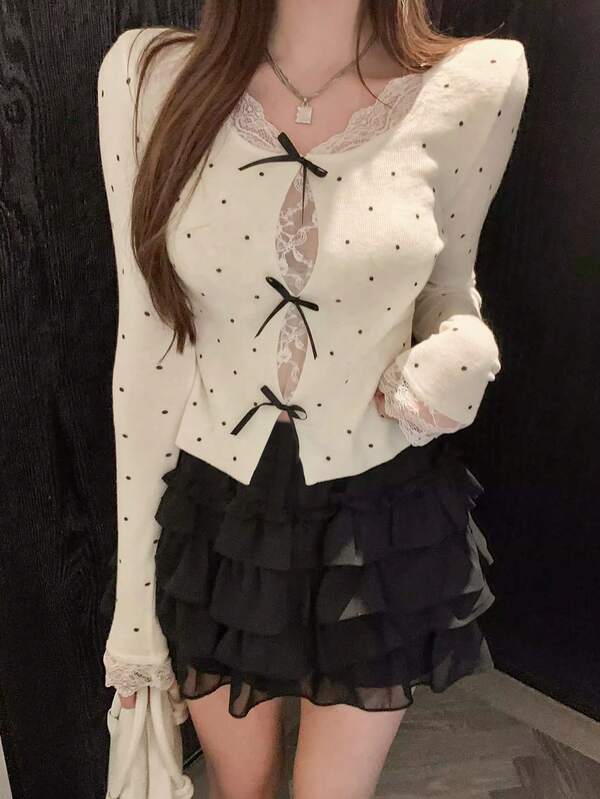 Women's Casual Round Neck Lace Patchwork Polka Dot Knit Top With Bow, Cute & Sexy Long Sleeve Sweater, Autumn/Winter