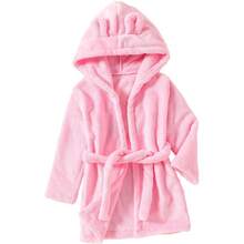 Bata suave de felpa con capucha y diseño gráfico con cinturón, ropa de verano para niñas, ropa de descanso corta - Rosado - Ver 1