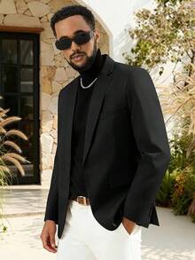 MALE Men's One Button Suit Elegant Solid Color Blazers Lightweight Sport Coats BlazerChristmas SK9H - 黑色 - 查看 6