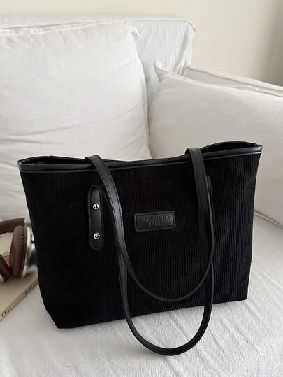 New Women's Tote Bag For Autumn & Winter,Retro Fashion Corduroy, Large Capacity, Zipper Closure, Lightweight & Minimalist, Solid Color Soft-Sided Shoulder Bag